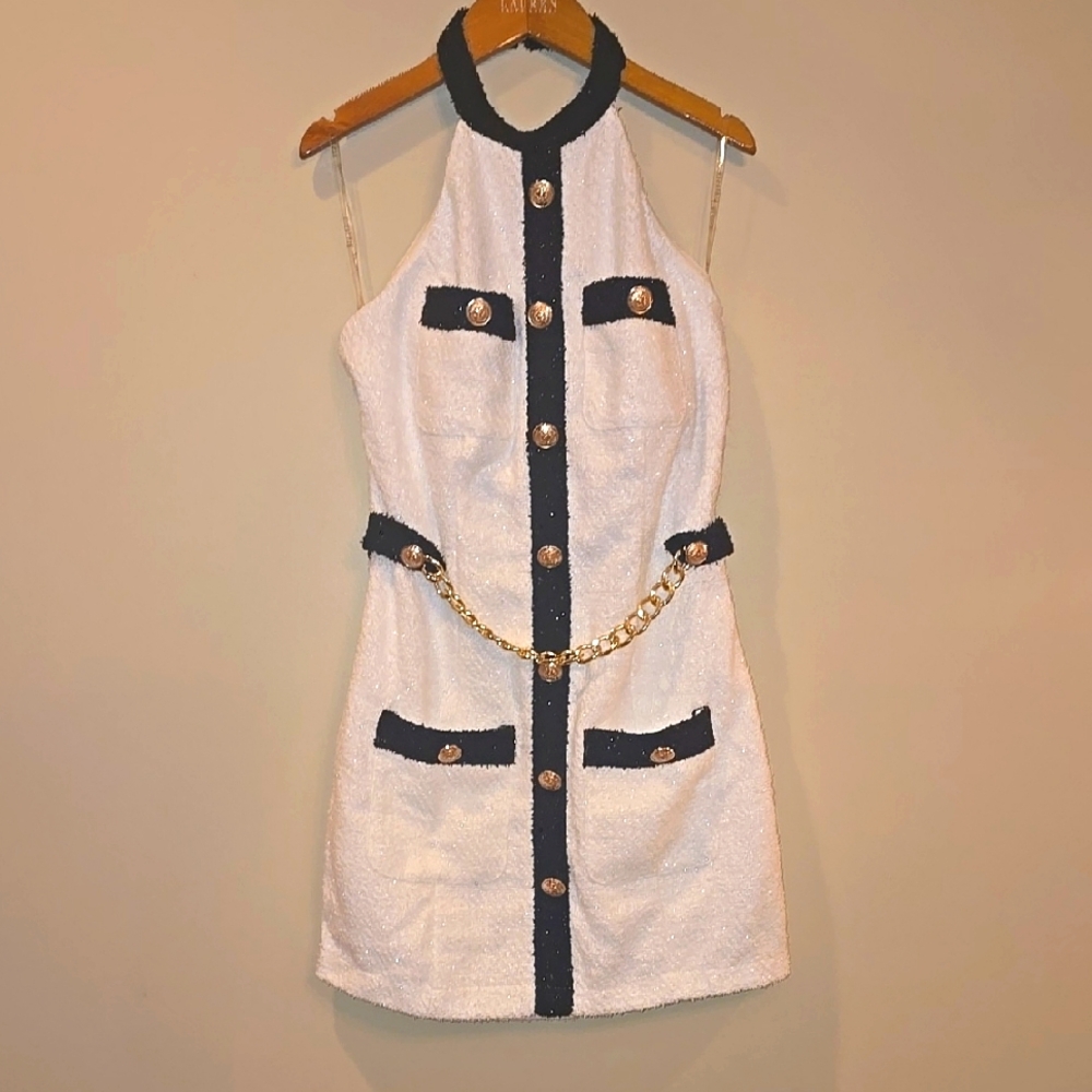 L'Atiste White and Black Dress with Gold Accents Lion Head Buttons
